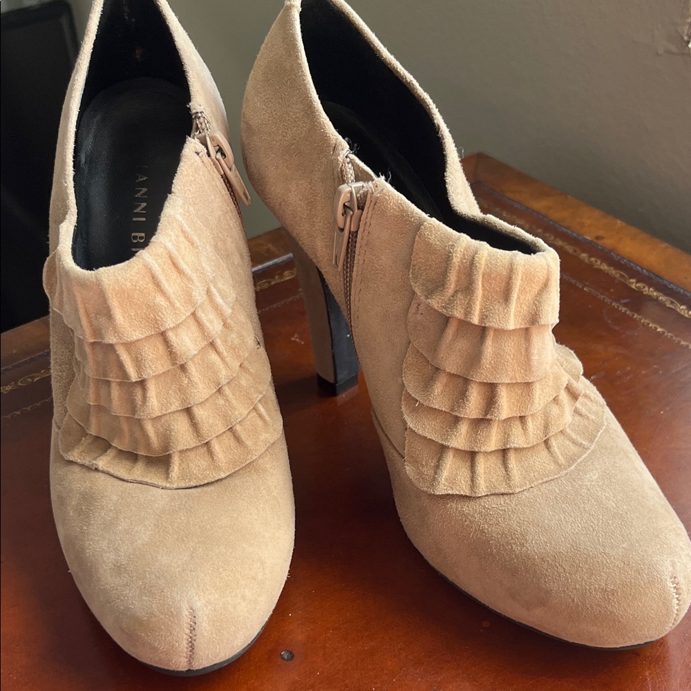 Gianni Bini Tan Suede Ruffle Stiletto Booties